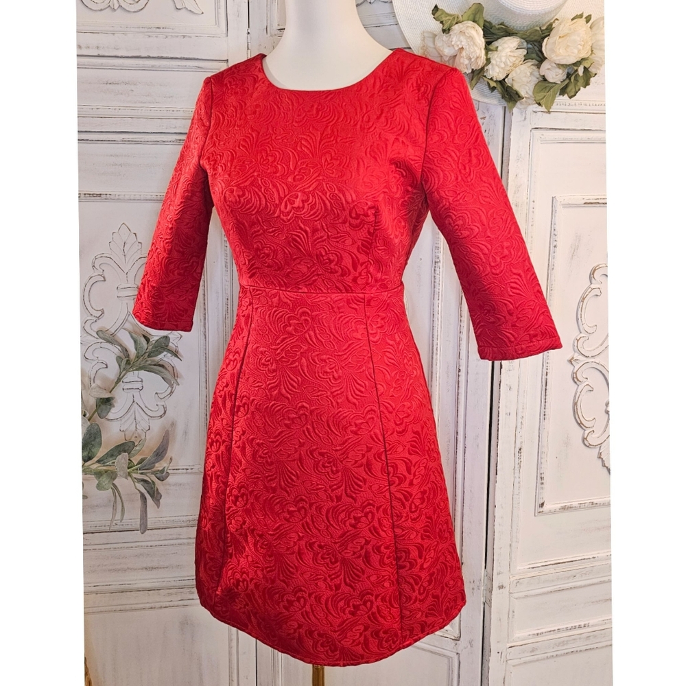 Queen Of Orange Red Brocade Like Floral Fabric A-line Mini Dress